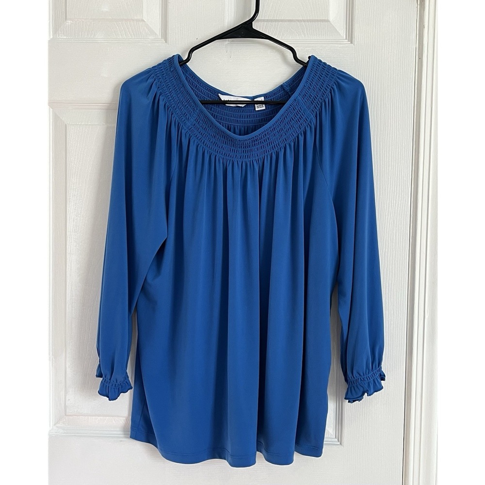 Susan Graver Blue Flowy Blouse Size L Smocked Neck Casual Boho Chic Top Workwear
